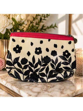 Brighton Floral Cosmetic Pouch Black White Pink Zip Bag